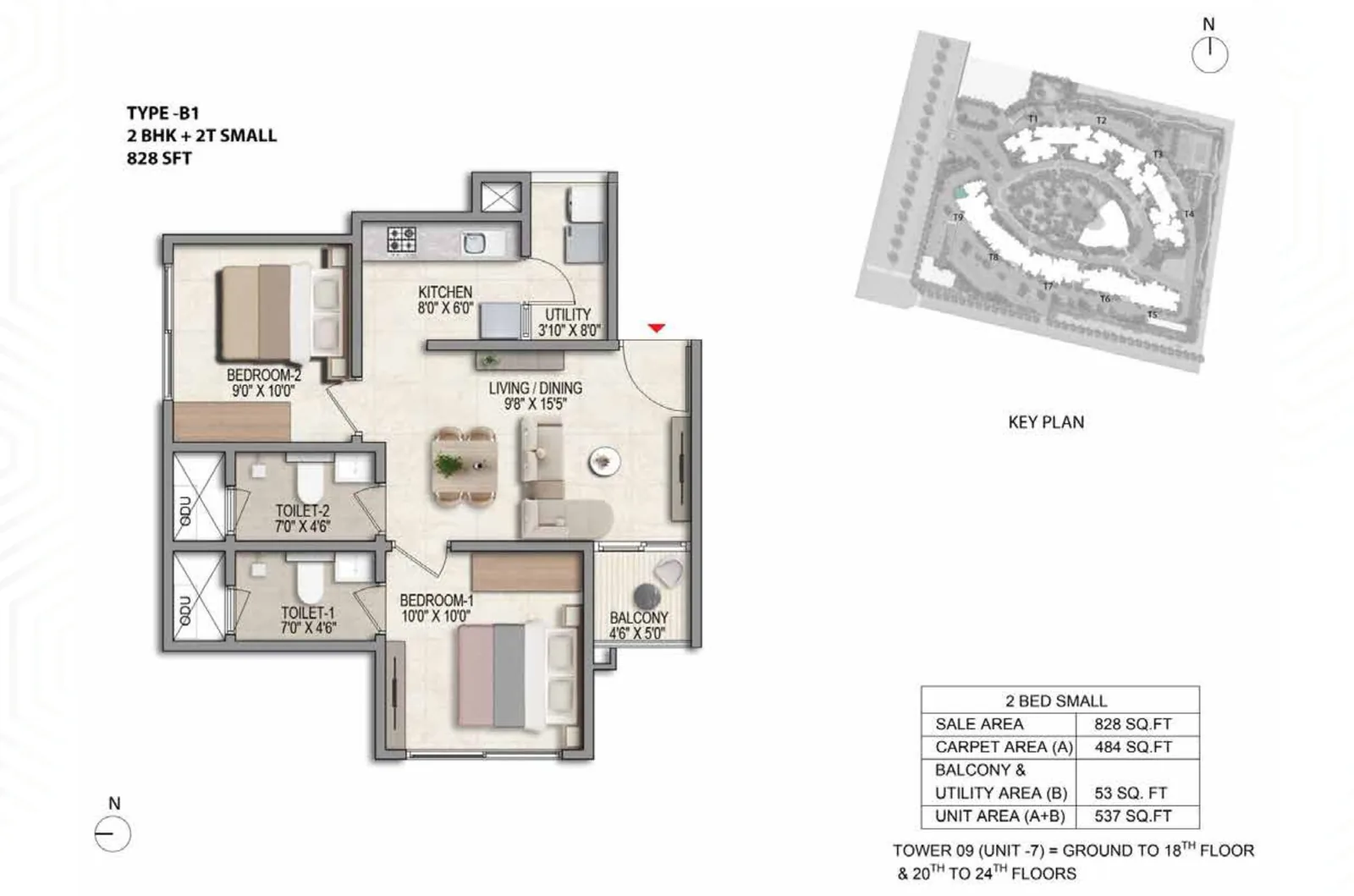Prestige Parklane 2 BHK floor plan, Type B1, 828 sq ft saleable with two toilets, Devanahalli