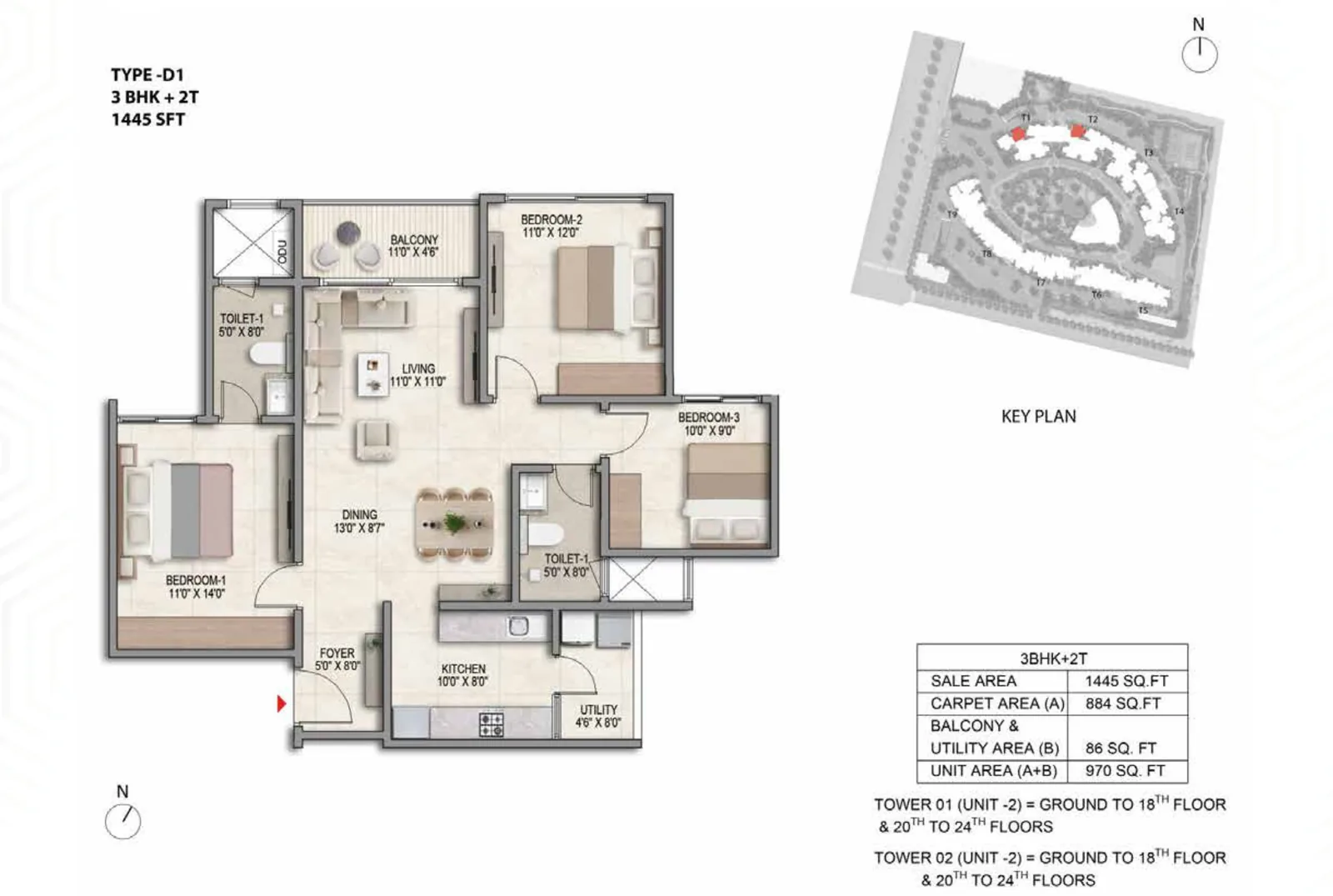 Prestige Parklane 3 BHK floor plan, Type D1, 1,445 sq ft saleable with two toilets, Devanahalli